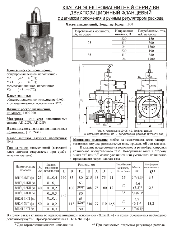 Купить Клапан электромагнитный двухпозиционный фланцевый с датчиком положения и ручным регулятором расхода ВН1Н-4КП; ВН2Н-1КП; ВН2Н-2КП; ВН2Н-3КП 